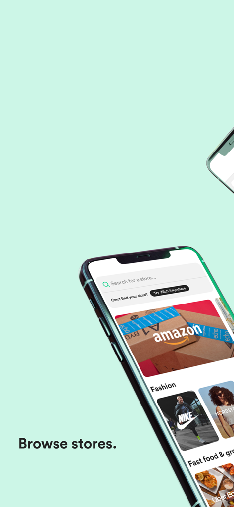 A smartphone displaying the Zilch app interface for browsing stores like Amazon and Nike