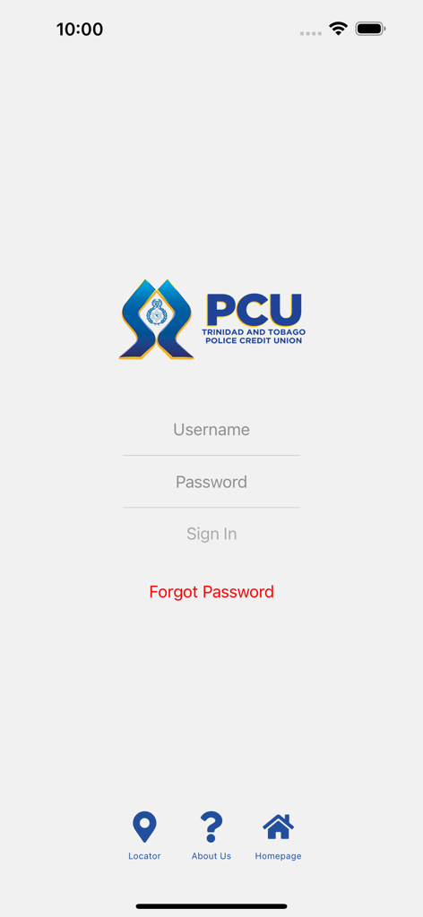 Schermata di accesso dell'app Trinidad and Tobago Police Credit Union con campi per nome utente e password