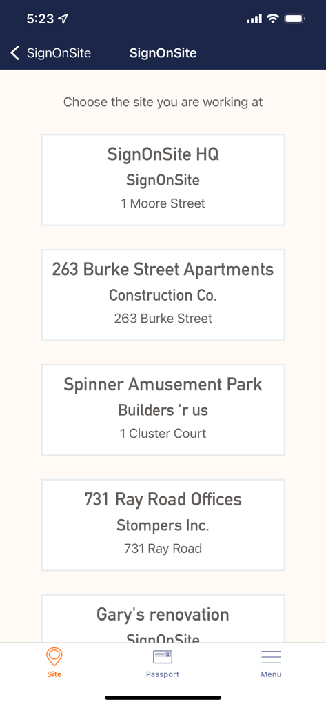 SignOnSite - Mobile app screen showing a list of construction sites for worker sign-on