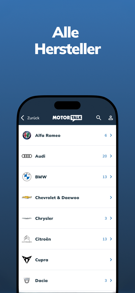 MOTOR-TALK app screen displaying a list of car brands including Audi and BMW