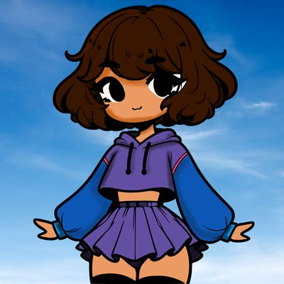 cute femboy with short, fluffy hair that softly frames their face, wearing a cropped hoodie, paired with a flouncy short skirt, and thigh-high stockings