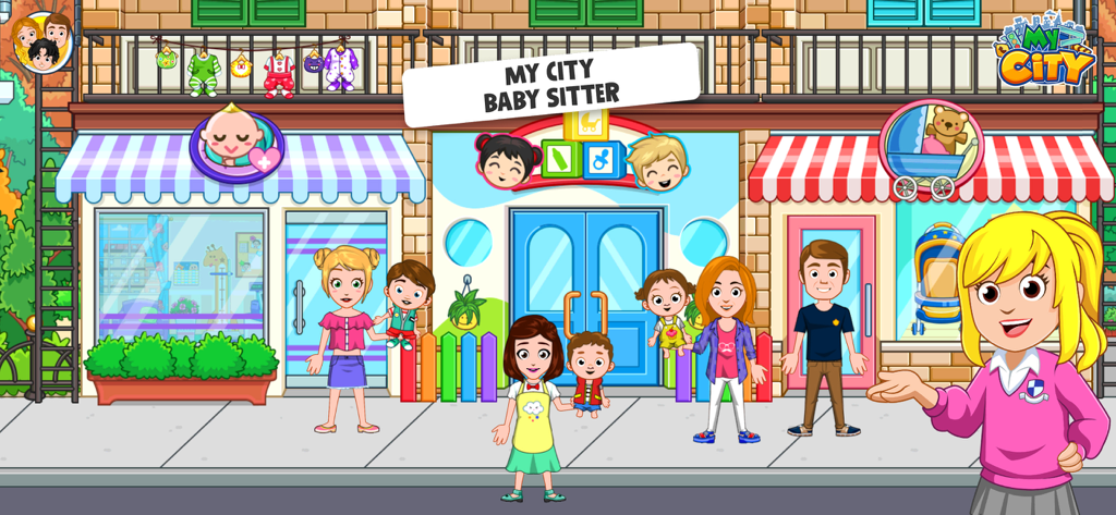 My City : Babysitter - Cartoon characters and babies standing in front of colorful shops and a daycare center in My City Babysitter game.