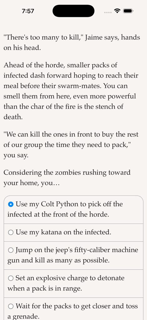 Screenshot of a text based horror story with multiple choice options to fight a zombie horde