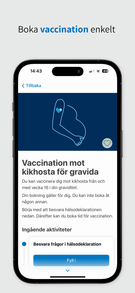 Alltid öppet - Whooping cough vaccination booking interface for pregnant women in the Alltid öppet app