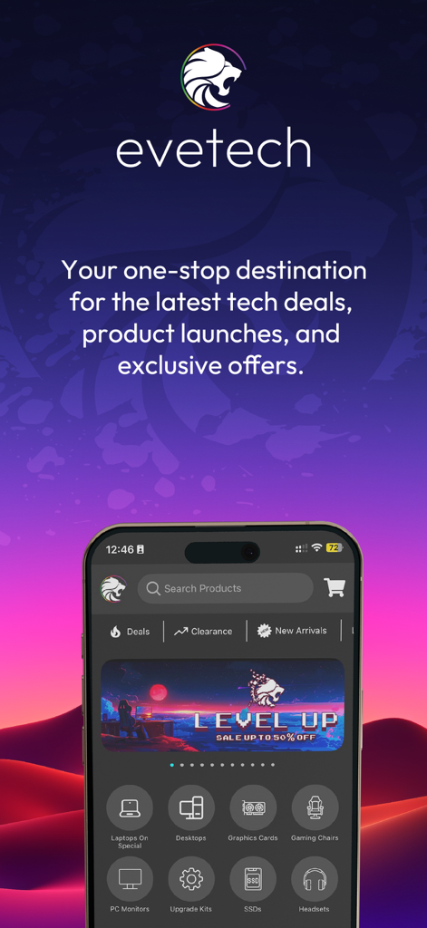Evetech mobile app interface showcasing tech deals and gaming hardware categories