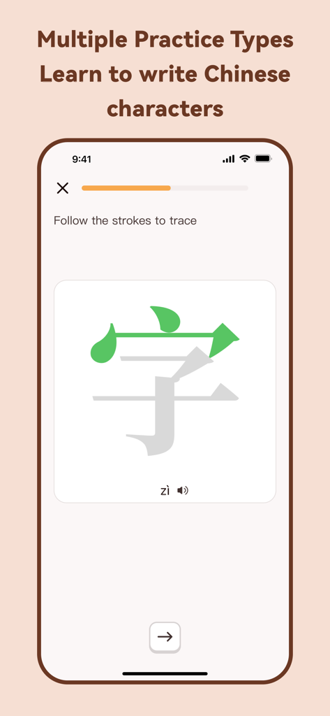 Chinesia - AI Learn Chinese - A mobile screen showing a gamified Chinese character writing lesson with stroke tracing.