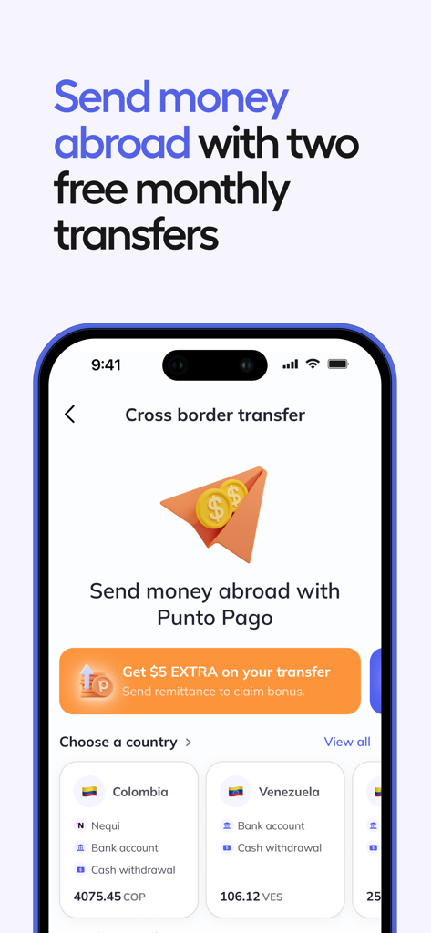 Punto Pago app interface showing cross border money transfer options to Colombia and Venezuela