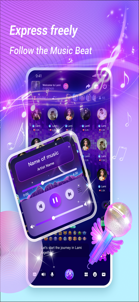 Lami Live app screenshot showcasing its music room interface with user avatars and a purple themed music player