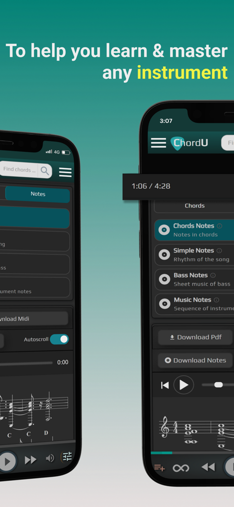 ChordU - get chords & notes - Smartphone screens showing ChordU app interface with sheet music and chord recognition features