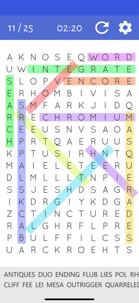 A screenshot of a mobile word search game showing a letter grid with multiple words highlighted in vibrant colors.