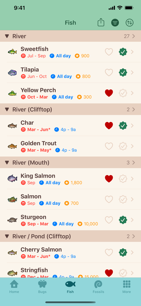 Uma lista de peixes no aplicativo Guia de Viagem ACNH mostrando nomes, disponibilidade, preço e status de coleção.