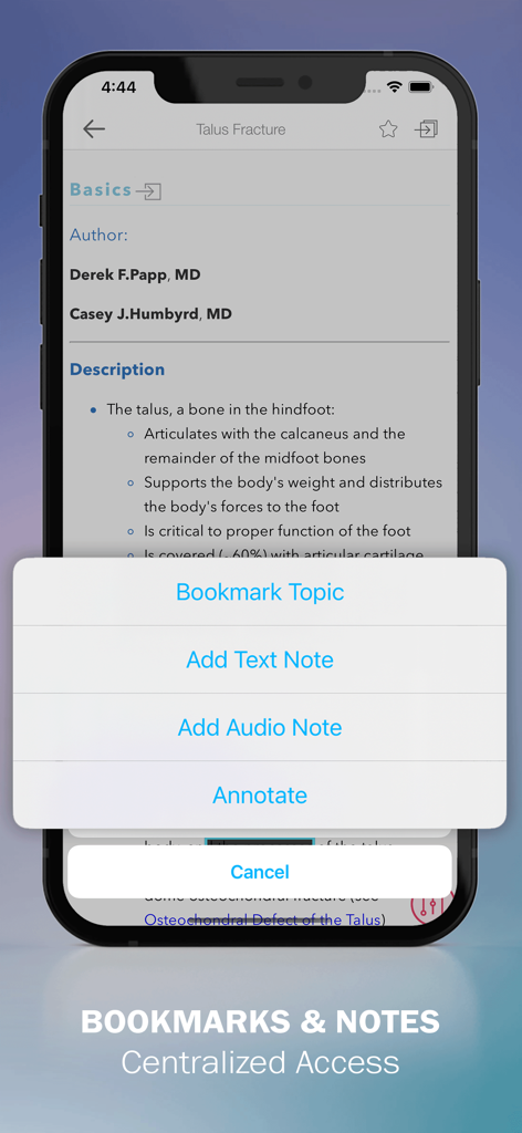 Saunders Nursing Drug Handbook - Smartphone screen showing the Saunders Nursing Drug Handbook app with a pop-up menu for bookmarking topics and adding text or audio notes.