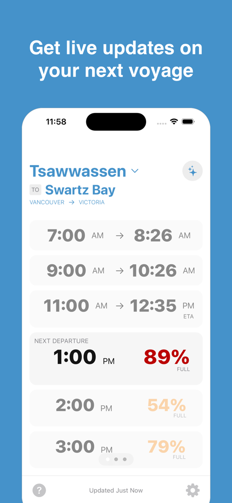 BC Ferry Times app interface showing ferry schedule and real-time capacity for Tsawwassen to Swartz Bay