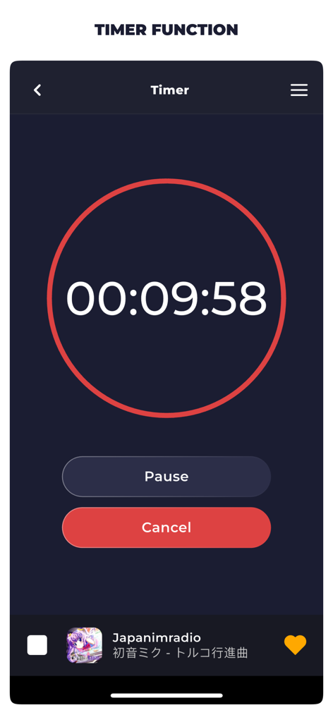Sleep timer interface in the Radio Japan Live app showing a countdown for Japanimradio station.
