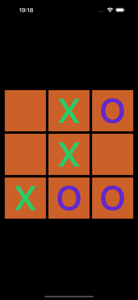 Tic Tac Toe & Four in a Row - Minimalist Tic Tac Toe game grid with green X and purple O symbols on an orange background