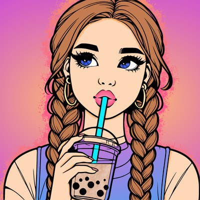 realistic girl with braided hair drinking boba