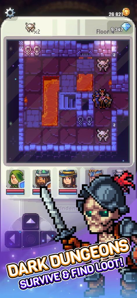 Knights of Pen and Paper 3 - Una escena de exploración de mazmorra pixelada en Knights of Pen and Paper 3 con un guerrero esqueleto y miembros del grupo navegando por un mapa basado en cuadrícula con lava