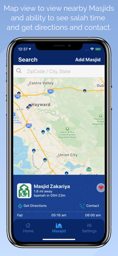 Masjidi-Salah and Iqamah times - Map interface of the Masjidi app showing nearby mosques with prayer times and navigation options.
