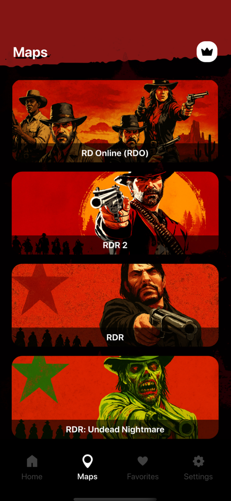 Interactive maps selection screen for Red Dead Redemption games