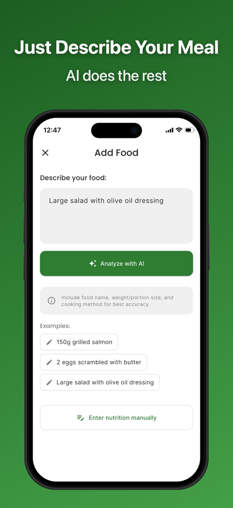 AI Food Coach: Calorie Counter - AI Food Coach app interface showing the option to log food by describing a meal for AI analysis