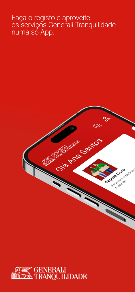 Generali Tranquilidade insurance app welcome screen on an iPhone displaying home insurance services.