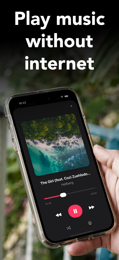 Flac Music Player: Soundlight - A person holding an iPhone displaying the Soundlight app playing music offline with a modern minimalist interface.