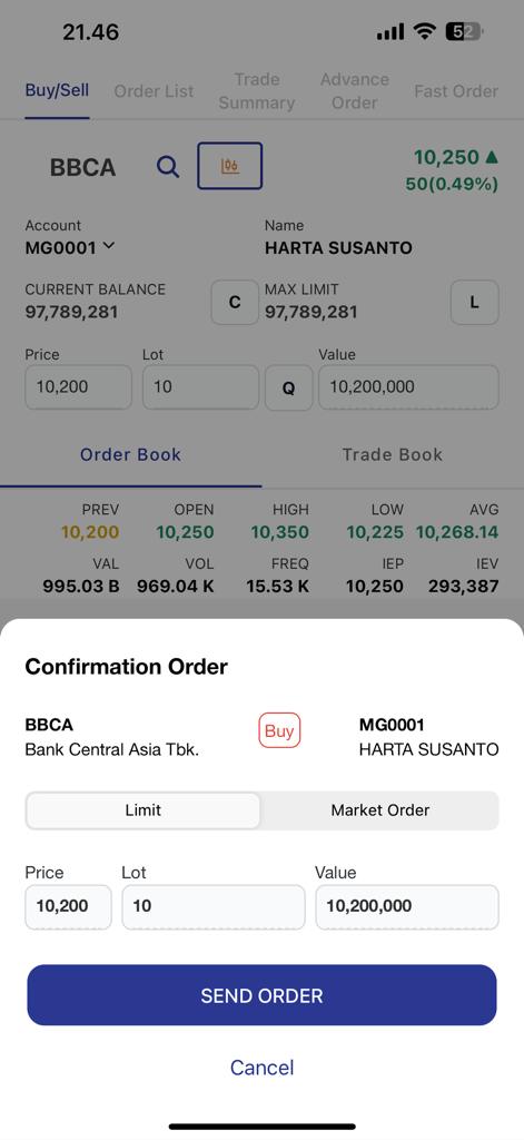 Semesta Online - A stock trading order confirmation screen for BBCA in the Semesta Online app.