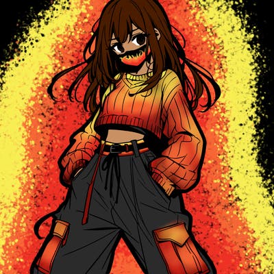 anime teen girl with baggy pants and crop top with sweater