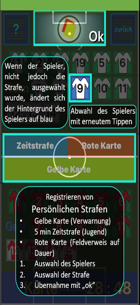 A tutorial screen in a soccer referee app explaining how to record yellow and red cards during a match