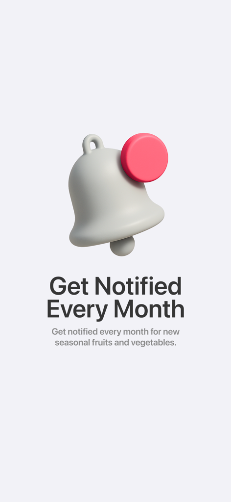 In Season: Seasonal Produce - 3D bell icon with text promoting monthly notifications for seasonal fruits and vegetables