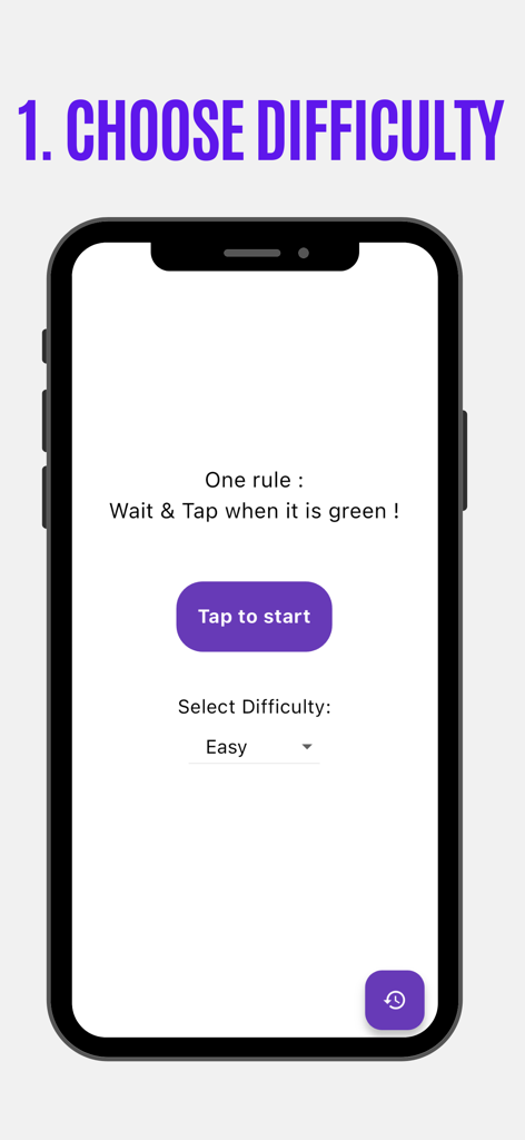Reaction Time - Reflex Test - Tela do aplicativo Tempo de Reação Teste de Reflexos mostrando o menu de seleção de dificuldade e instruções do jogo