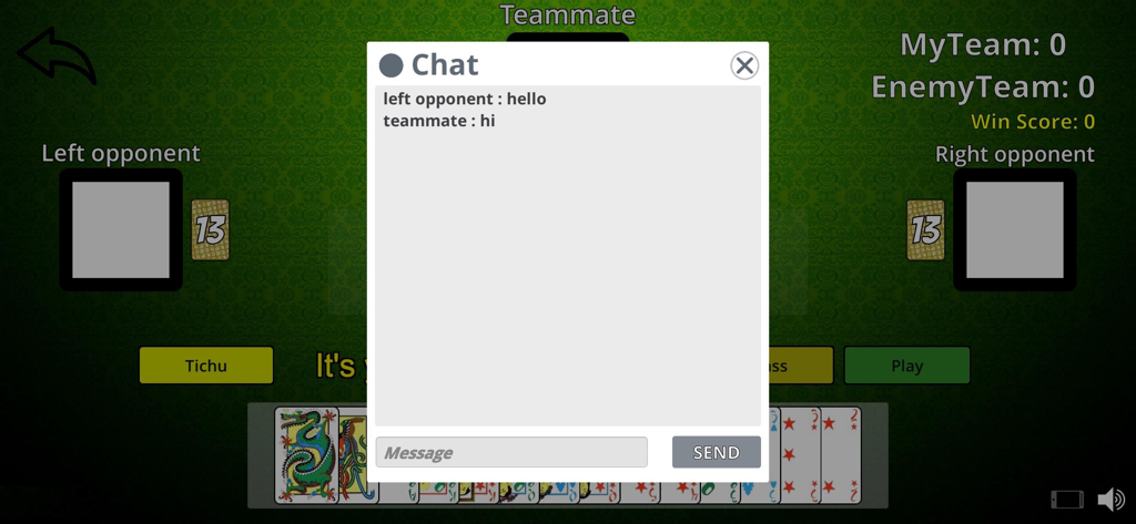 Tichu online and offline - In game chat window showing messages between players during a Tichu card match