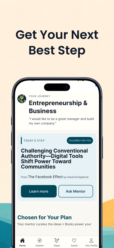 Mentorist app interface displaying a personalized daily action step for an entrepreneurship and business journey.