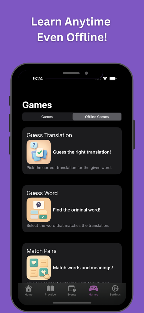 iPolyglot: Learn Language AI - Smartphone screen showing offline language learning games like Guess Translation and Match Pairs in the iPolyglot app.