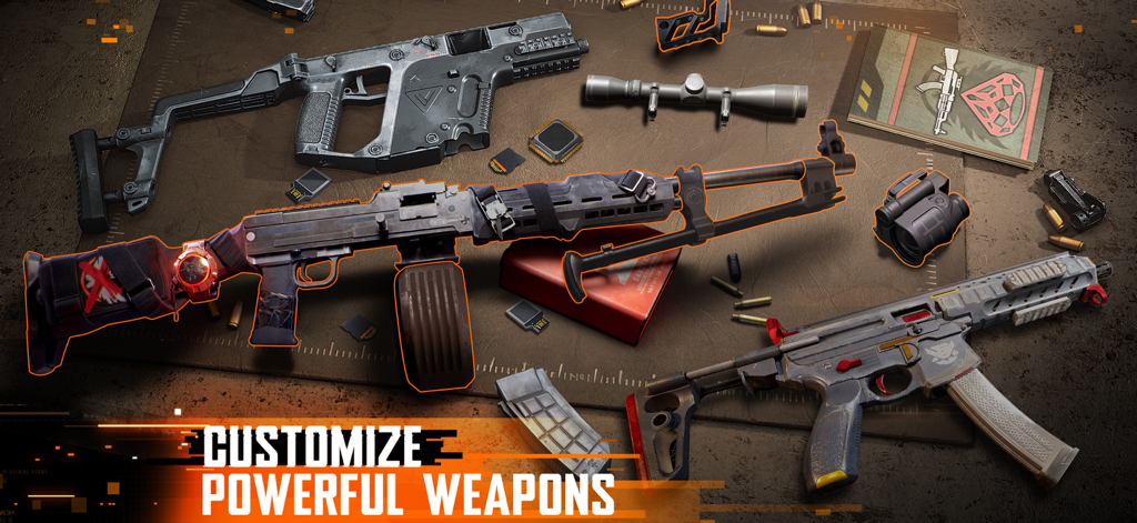 The Division Resurgence - Tactical firearms and weapon attachments displayed on a workbench with text saying Customize Powerful Weapons