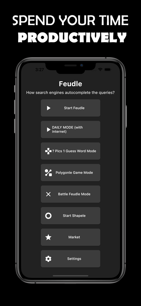 Searchle -Feudle - Connections - The main menu of the Feudle app displaying various word game modes including search engine autocomplete and daily challenges.