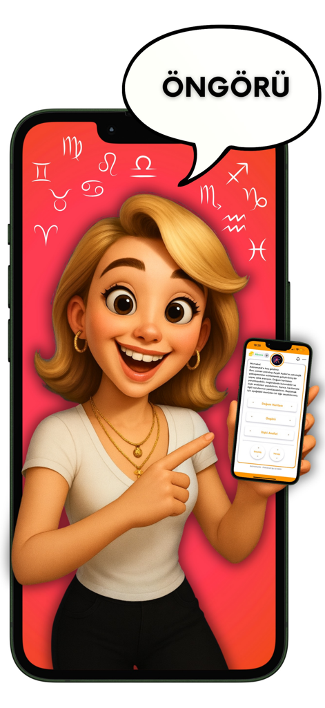 Astromatik - Astromatikアプリの予測メニューが表示されたスマートフォンを持つ漫画のキャラクター