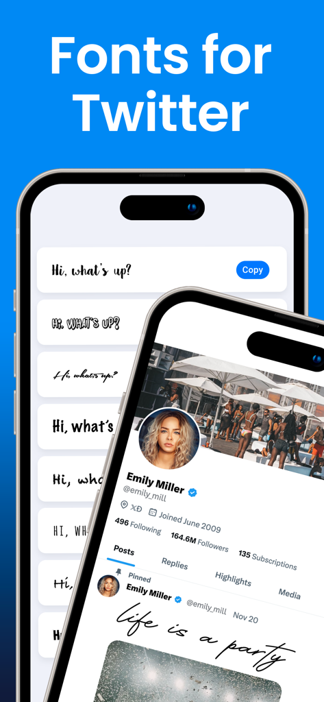 Écrans de smartphone affichant divers styles de polices personnalisées pour les publications et les profils Twitter