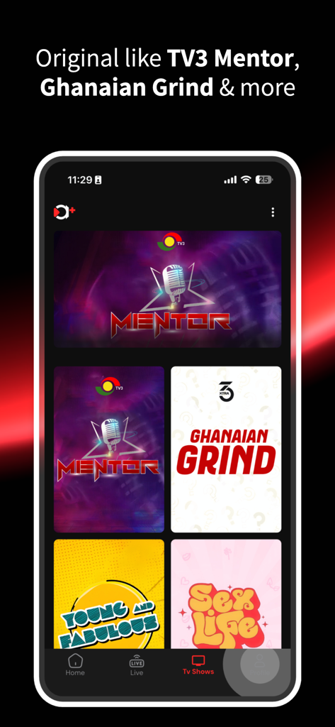Mobile screen of the adesa plus app featuring original Ghanaian TV shows such as Mentor and Ghanaian Grind