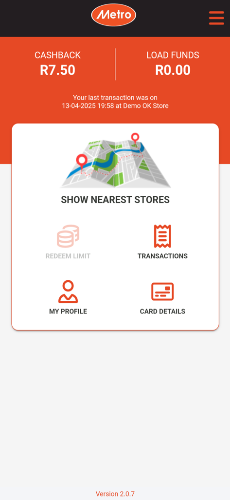 Tableau de bord de l'application Carte de Récompenses Metro montrant le solde de cashback et les icônes de navigation