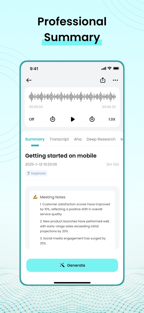 TicNote: AI Recorder & Agent - Uno schermo mobile che mostra la funzionalità di riepilogo professionale dell'app TicNote con note di riunione generate dall'IA.