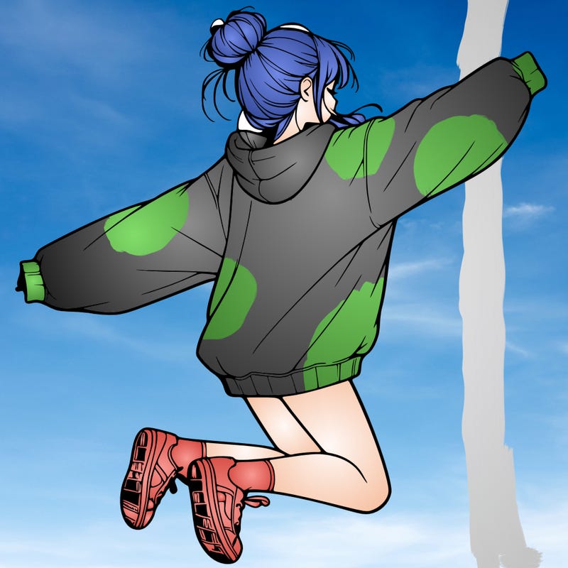 realistic girl jumping with a bun and oversized sweatshirt