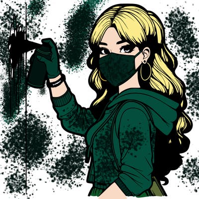 realistic girl with mask spray painting a wall