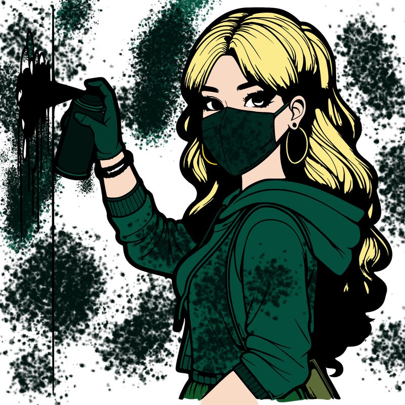 realistic girl with mask spray painting a wall