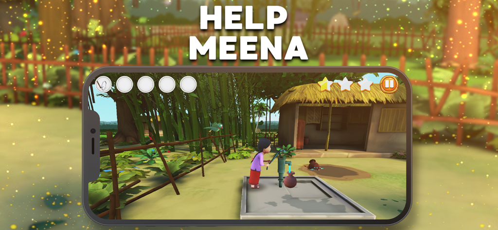 Meena Game 2 - Personaje de Meena usando una bomba de agua en un entorno de aldea 3D