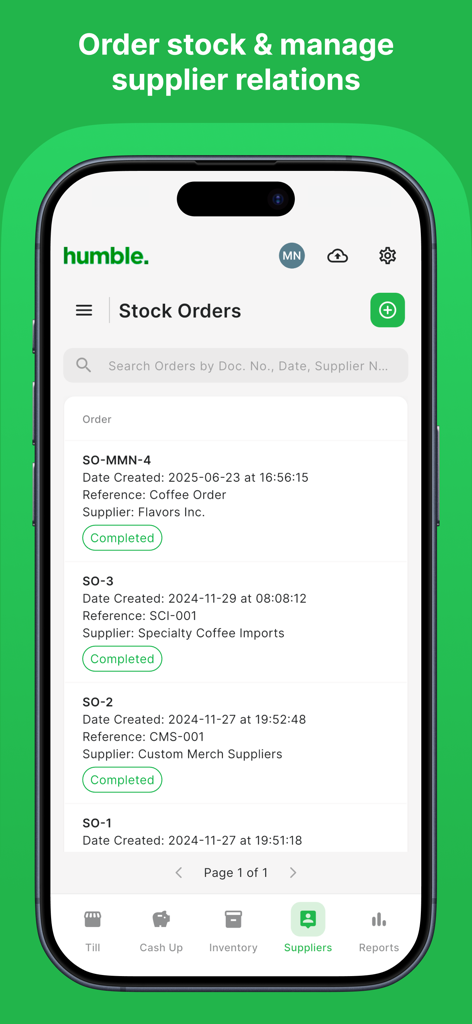 Humble POS - Pantalla de la aplicación Humble POS que muestra una lista de pedidos de stock completados y gestión de proveedores.