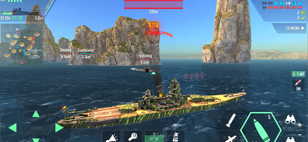 Battle of Warships: Naval Wars - A camouflaged battleship sailing between rocky islands in the Battle of Warships mobile game