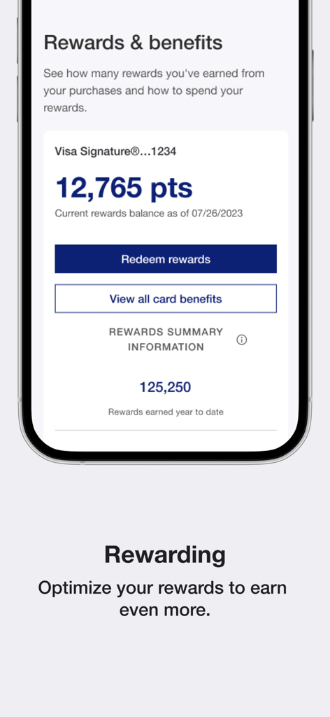 Tela de recompensas e benefícios do aplicativo Elan Credit Card mostrando saldo de pontos e opções de resgate.