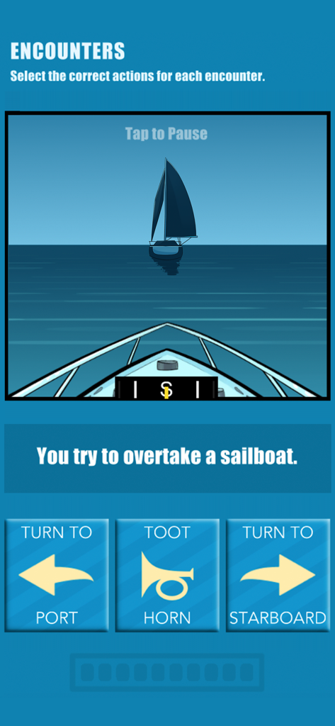 ilearntoboat - An interactive screen from the ilearntoboat app showing a scenario for overtaking a sailboat with navigation choices