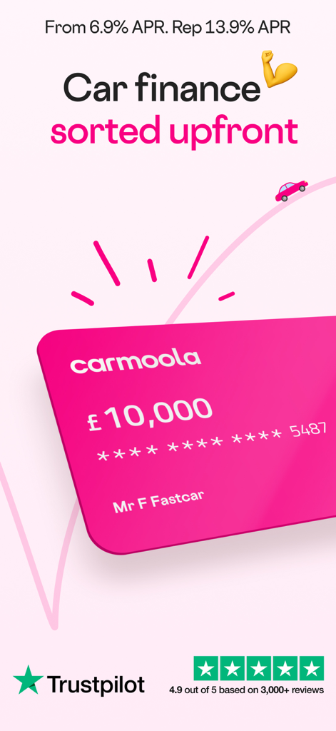 Carmoola car finance app promotional screen showing a pink virtual card for ten thousand pounds and a Trustpilot rating of 4.9 stars